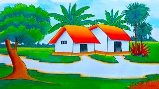 how to draw easy scenery drawing with oil pastel landscape village scenery drawing step by step [upl. by Midian]