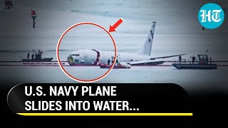 Watch How US Navy Surveillance Aircraft Slid Into Water After Overshooting Runway [upl. by Assiralc321]