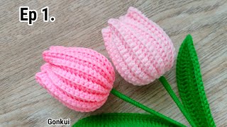 Ep1 Flower 🌷 Crochet Pink Tulip Flower Tutorial  Crochet Flower Bouquet crochetflower [upl. by Ekihc]