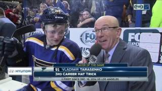 Tarasenko records hat trick scores gamewinner thanks Blues fans [upl. by Pirnot]