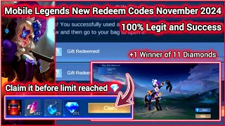 Mobile Legends Redeem Codes November 21 2024  1 Winner of 11 Diamonds MLBB Diamond Redeem Code [upl. by Llirret]