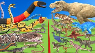 Reptiles Battle  Revolt of Giant Titanoboa vs Dinosaurs TRex Animal Revolt Battle Simulator [upl. by Karlotta]