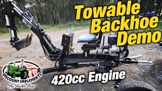 🚜 Discount Implements  Towable Backhoe DEMO 420cc Engine [upl. by Broeker190]