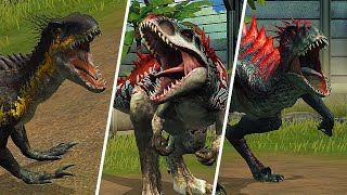 Scorpius rex vs Indoraptor vs Indominus rex Fight  Who is Most Powerful   Jurassic World The Game [upl. by Massab314]