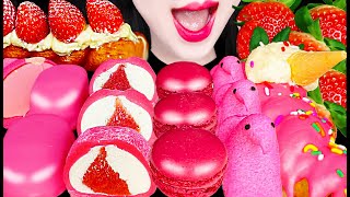 ASMR Pink Strawberry Dessert Macaron Marshmallows 핑크 딸기 디저트 먹방 Mukbang Eating [upl. by Gian]