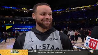 Steph Curry talks 3point contest with Sabrina  2024 NBA AllStar Practice [upl. by Baecher816]