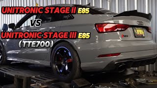 UNITRONIC AUDI RS3 STAGE ll VS STAGE lll TTE700 DYNO [upl. by Ayoras345]