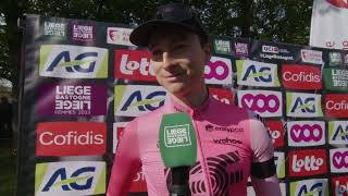 Neilson Powless  Interview at the start  LiègeBastogneLiège 2023 [upl. by Tennos]