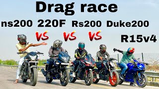 Pulsar 220f 2024 vs Ns200 vs rs200 vs duke200 vs r15v4 drag race yamaha ktm duke bajaj ns200 [upl. by Clothilde]