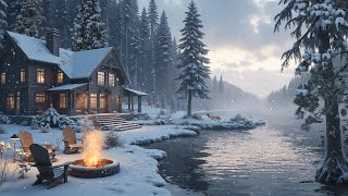 Cozy Winter Morning Ambience by the Lake with Crackling Campfire amp Snowstorm Sounds for Sleep Relax [upl. by Cowey]