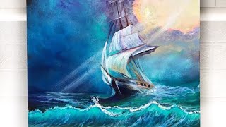 HOW TO PAINT A STORMY SEASCAPE AND SHIP  ACRYLIC PAINTING TUTORIAL [upl. by Retswerb735]