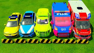 TRANSPORTING FIVE COLOR FIAT VOLKSWAGEN FORD MERCEDES POLICE CARS   Farming Simulator 22 [upl. by Inahc]