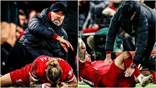 Tsimikas injured after collision with Jurgen Klopp  Liverpool vs Arsenal [upl. by Moe]