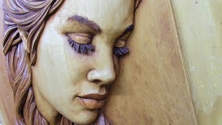 Wood carving Carving and staining female face Time Lapse [upl. by Timothea]