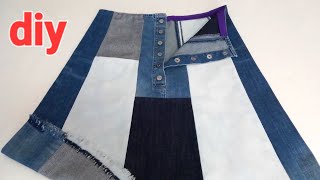 How old jeans and scraps are transformed into a skirt  Easy sewing denim skirt  diy skirt [upl. by Rfinnej]