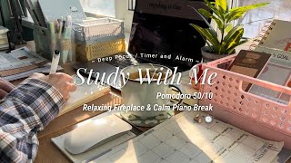 3HR STUDY WITH ME ☕️🪵 crackling fireplace  pomodoro 5010 🎹 with calm piano break [upl. by Urissa]