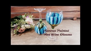 Reverse Painted Red Wine Glasses  Reverse Glass Painting  Tutorial  Aressa  2018 [upl. by Retsev]