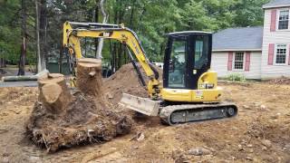 Cat 3055e2 Loading Huge Stump On Trailer [upl. by Anneyehc]