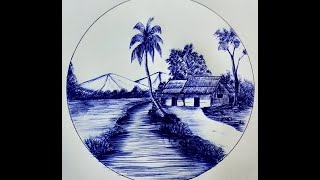 Easy and simple scenery drawing with pen sketch  How to draw easy scenery for beginners [upl. by Annahsohs]