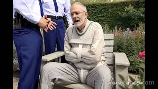 Old man wearing a straitjacket  straightjacket in a garden [upl. by Prior]