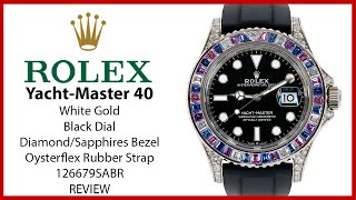 ▶ Rolex YachtMaster 40 White Gold Black Dial DiamondSapphires Bezel Oysterflex 126679SABR  REVIEW [upl. by Ittap]