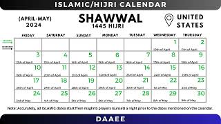 🇺🇸 Shawwal 2024  Unites States  IslamicHijri Calendar  1445 [upl. by Charmain648]