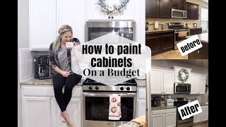 HOW TO PAINT KITCHEN CABINETS ON A BUDGET  DIY DARK TO WHITE CABINETS [upl. by Namrac]