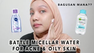 BATTLE MICELLAR WATER ACNE amp OILY SKIN NIVEA VS GARNIER MANA YANG PALING BAGUS [upl. by Olivann342]