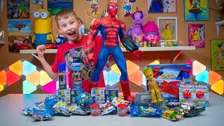 Spiderman Silly String Surprise Toys Superhero Blind Bags amp Eggs Avengers Boys Toy Kinder Playtime [upl. by Lleksah]