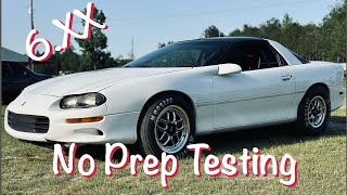 MY TURBO CAMARO STARTS TESTING ON NO PREP SURFACE DIALING IN THR CAR [upl. by Leeda]