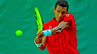 Felix Auger Aliassime Serving Slow Motion at US Open 2018 Court Level View Serve [upl. by Gannes]