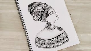 How to draw Mandala art of an african woman  recreated  Zentangle art  Doodle art  with gel pen [upl. by Haisi]