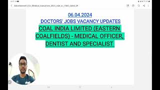 DOCTORS JOBS  PERMANENT  MEDICAL OFFICER  DENTIST  SPECIALIST  EASTERN COALFIELDS [upl. by Homer]