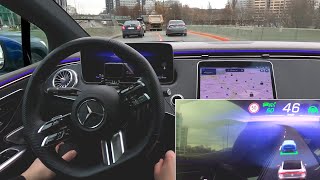 Mercedes EQE 350 DISTRONIC Active Distance Assist with Steering Assist Traffic jam highway driving [upl. by Luelle]