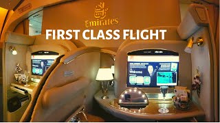 First Class Flight  Emirates First Class Bali  Dubai 777300 [upl. by Burrill119]