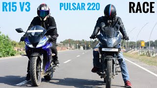 Yamaha R15 V3 VS Pulsar 220F BS4  RACE  Top End  Highway Battle [upl. by Obediah]