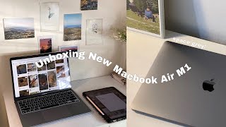 Unboxing New Macbook Air M1 in 2024 space grey  quick set up accessories ✨ [upl. by Dalury]