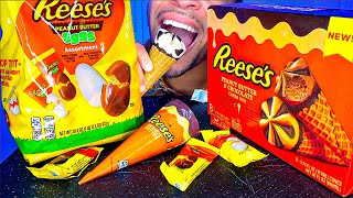 ASMR REESES PEANUT BUTTER CUPS PIECES ICE CREAM CONE CHOCOLATE EGGS JERRY CANDY ASMR MUKBANG [upl. by Daniel]