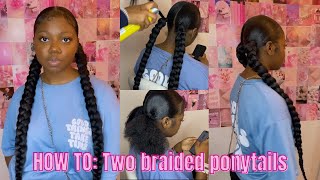 HOW TO Two braided ponytails hair tutorial w braiding hair added [upl. by Ilanos570]