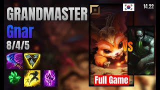 GRANDMASTER Top Gnar vs Urgot lol KR solo rank Full Game 1422 [upl. by Marya]