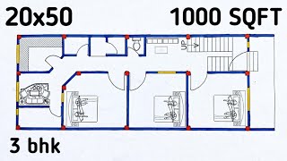 1000 sqft house plan ll 20x50 Village house design ll 3 bhk makan ka naksha [upl. by Mayram]