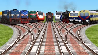 9Trains Crossing At Diamond🟢 Railroad Tracks  train game  train cartoon video  railways [upl. by Yetty]