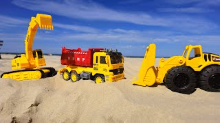 Digger and Bulldozer Loading Dump Truck Moving Sand in Desert [upl. by Gerger584]