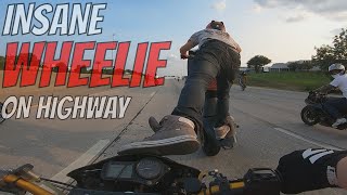 INSANE Motorcycle WHEELIE On Highway Street Bike STUNTS Video MOM Stunt Ride [upl. by Chansoo]