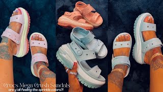 CROCS MEGA CRUSH SANDAL UNBOXING REVIEW amp ON FOOT TRY ON  ATMOSPHERE amp PINK CLAY COLORWAYS [upl. by Aldis313]