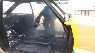 Seam seal and Spraying mk2 escort floor and spraying midnight blue after epoxy  urethane primer [upl. by Nnadroj]