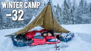 32C WINTER CAMPING IN THE WARMEST HOT TENT ON EARTH  Winter Camping in a Snowstorm [upl. by Aynuat784]