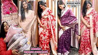 Meesho organza saree haul  premium quality woven organza saree try on review and haul [upl. by Travis734]