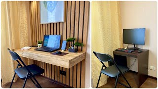 How To Build a Wood Slat Wall With Floating PC Desk 🤯😍 [upl. by Oderfigis]