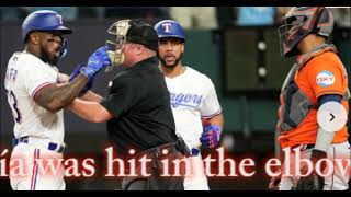 Astros Rangers benches clear after Adolis Garcia hit by a pitch multiple players ejected [upl. by Adnah162]